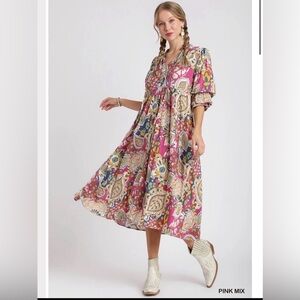 Umgee: Gathered Sleeve Paisley Print Midi Dress Size Small